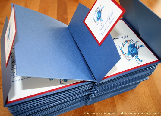 Sara received her custom blue crab pocket wedding invitations and just 