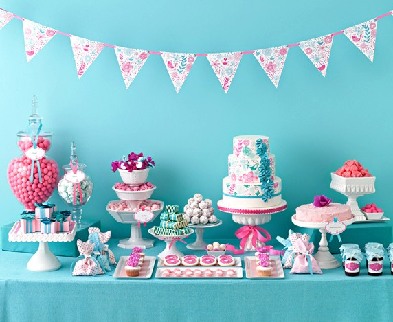  bright aqua and pink dessert table scape by Amy Atlas in BRIDES wedding 