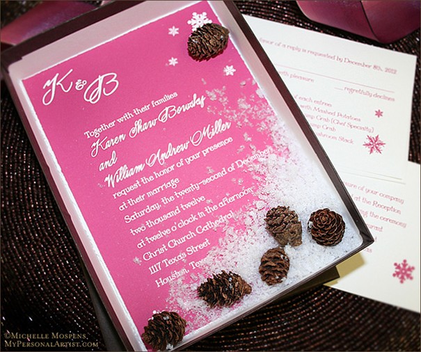  Handmade Wedding Invitations with winter snowflakes and pinecones will 