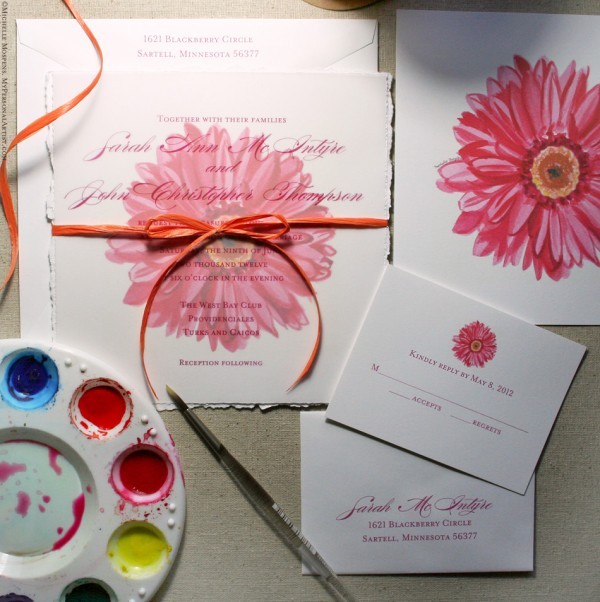 Fresh fun modern gerbera daisy wedding invitations in hot pink for Melissa 