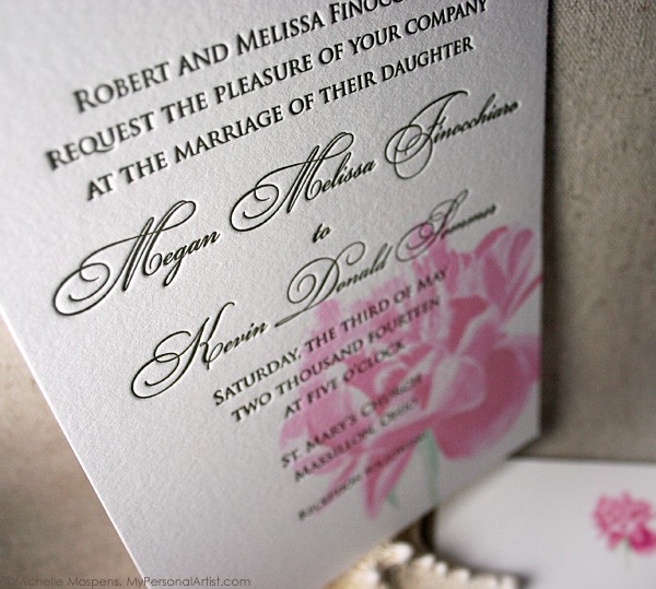 Letterpress wedding invitations card paired with a lovely pink peony 