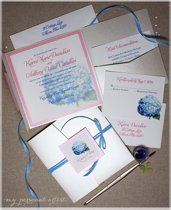 blue and pink hydrangea pocket folder wedding invitations